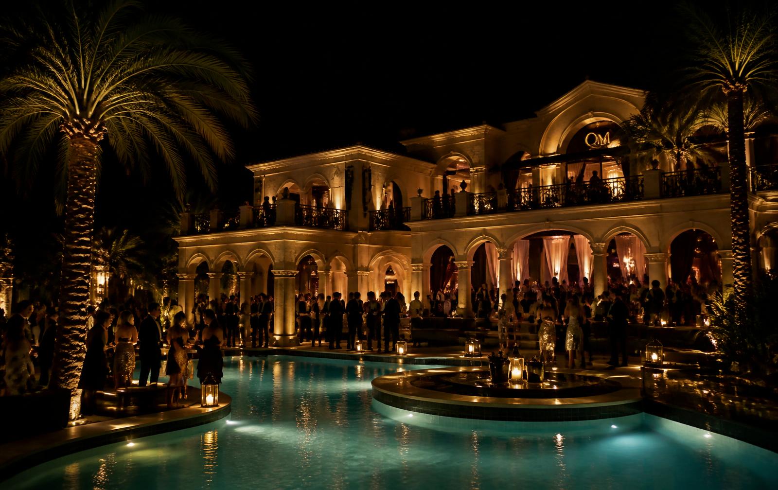 Villa mediterranea con piscina illuminata di notte, atmosfera esclusiva